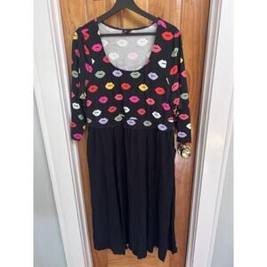 Torrid Challis Knit MIDI Dress Black Lips Print Grunge Office Goth SZ 2/2X